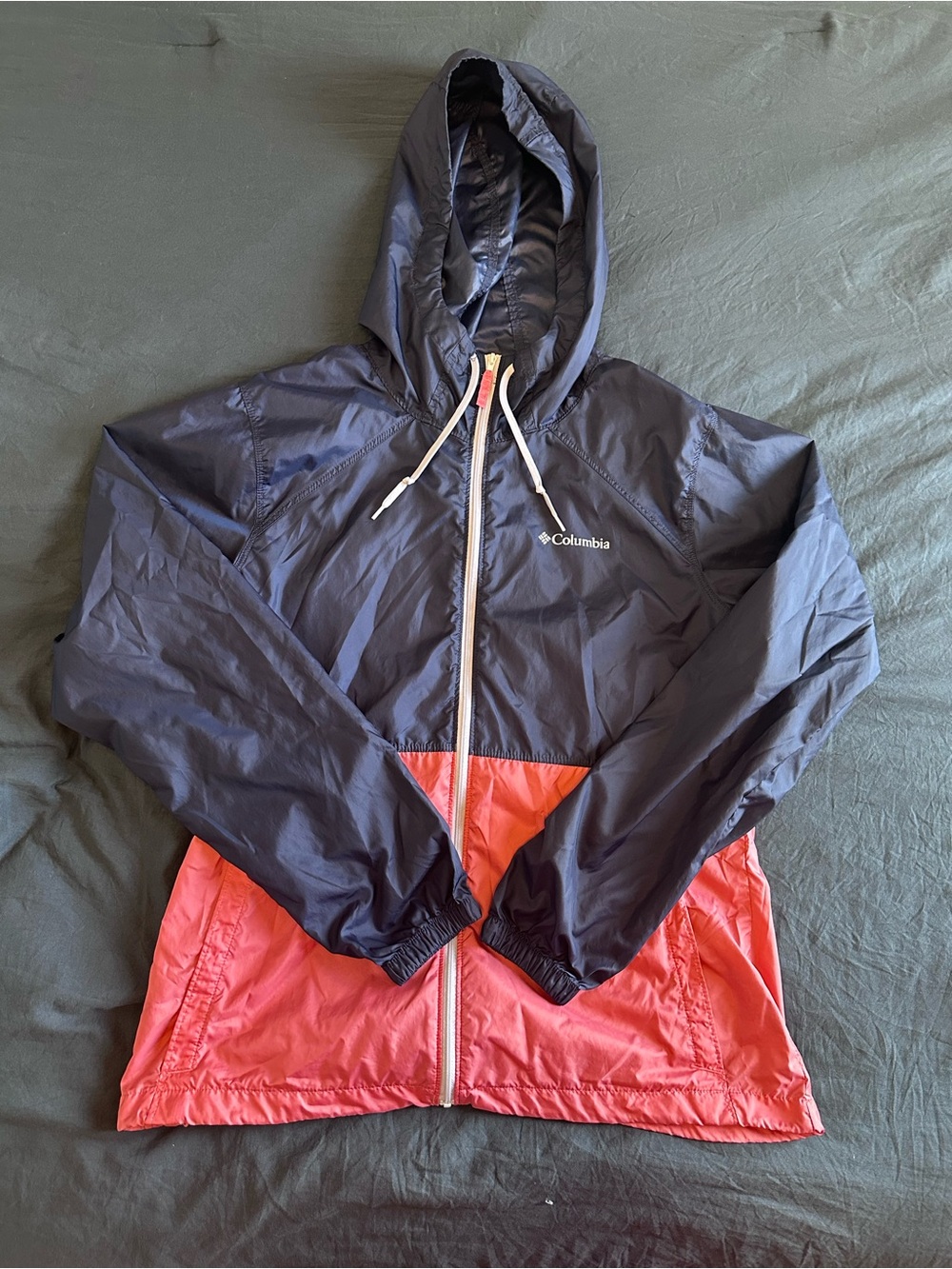 Women’s Columbia Two-Tone Hooded Windbreaker Jacket - Navy and Coral Size Medium
